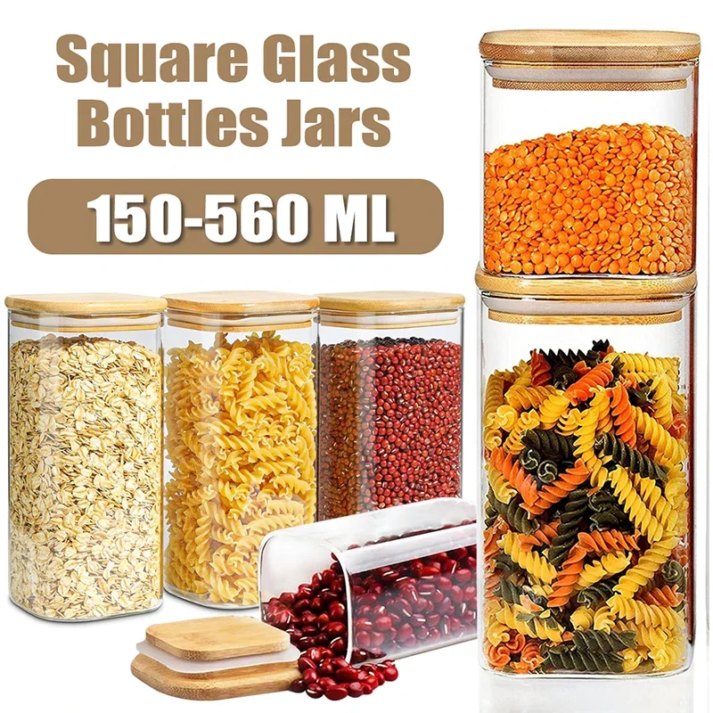 

150-560ml Square Glass Bottles Jars Candy Seasoning Coffee Bean Storage Sealed Containers with Wood Cover Kitchen Organization