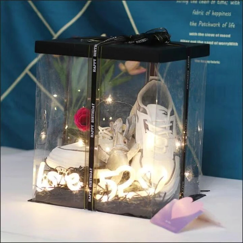 Large Transparent Cake Gift Box 20/28cm PVC Clear Rose Bear Packaging Box Birthday Party Wedding Cake Dessert Present Decoration