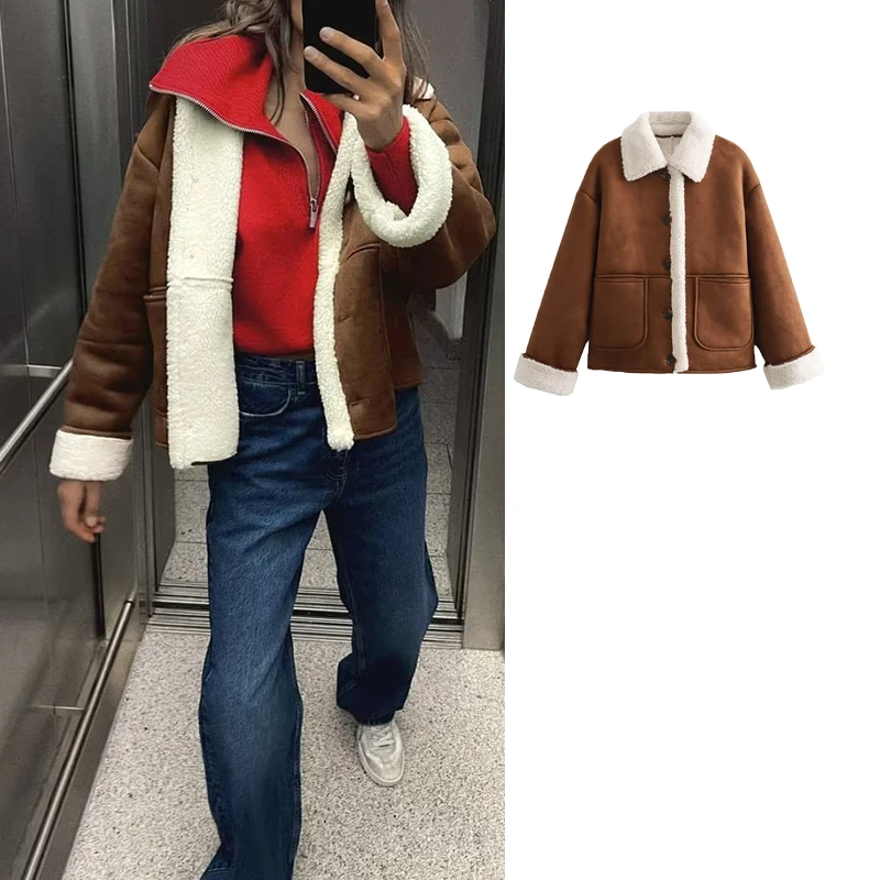 

TRAF 2023 Reversible Jackets For Women Thick Warm Cropped Coat Woman Button Autumn Jacket Long Sleeve Women's Winter Coats