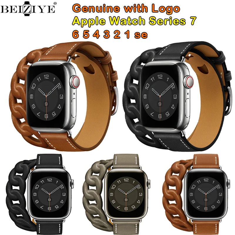 

Gourmette Double Tour strap For Apple Watch band 40mm 41mm 38mm 44mm 45mm 42mm Genuine Leather bracelet fou iWatch 7 6 5 4 3 se