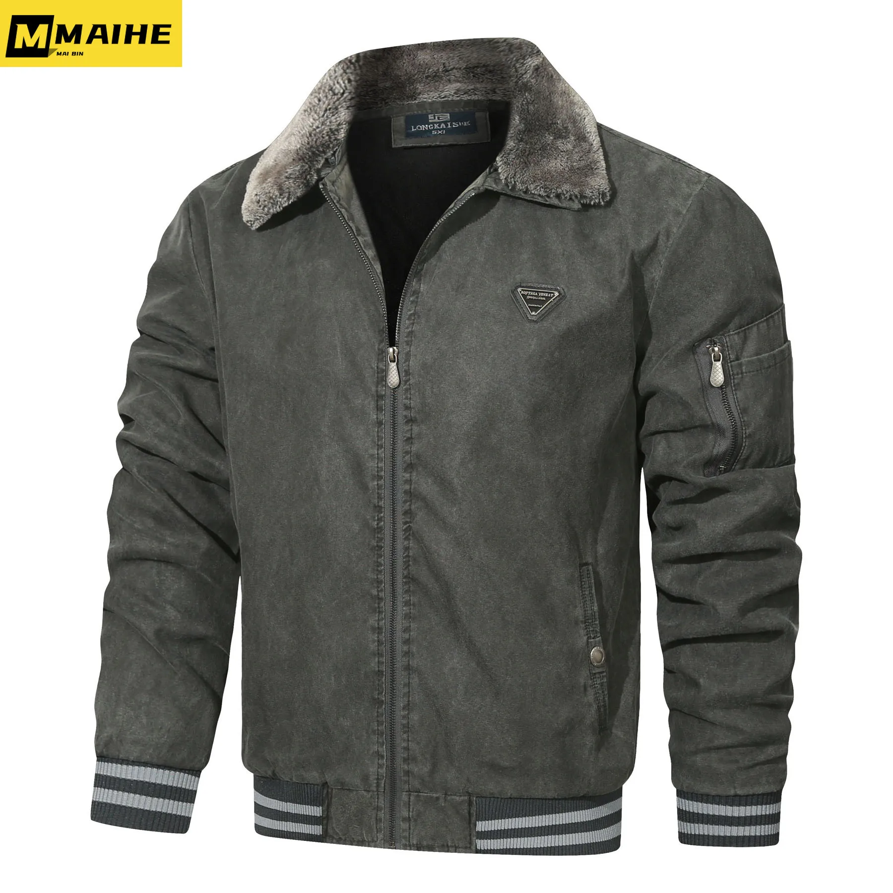 

Autumn And Winter Fleece Leather Jacket Men's Padded Warm Bomber Jacket Men's High-quality Outdoor Windproof Freight Tooling