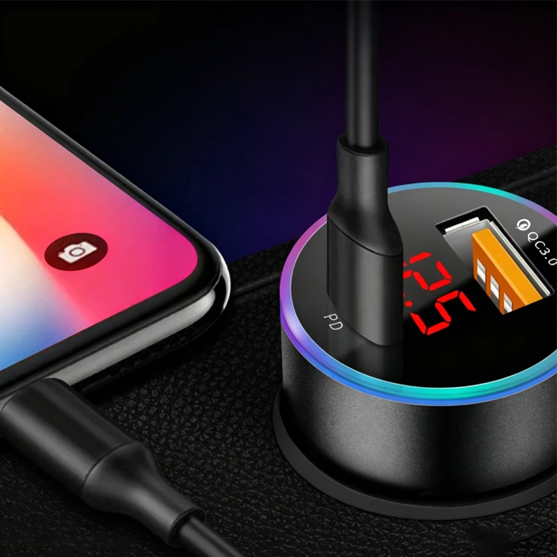 고속 차량용 충전기 듀얼 포트 LED 전압 표시 기능 타입 C PD QC3.0 USB 시거잭 어댑터 휴대폰 트럭 SUV 충전용