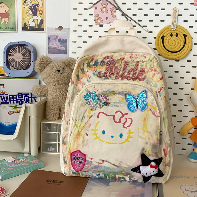 Sanrio Hello Kitty Colorful Graffiti Canvas Bag Cute Girl Versatile High-capacity Backpack Japanese Harajuku Trend Shoulders Bag 3
