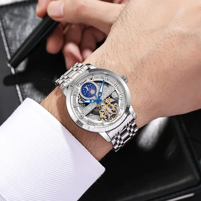 Tourbillon Moon Phase Wrist Luxury Hollow 3ATM Waterproof Stainless Steel Men Automatic Mechanical es es_voghion.com