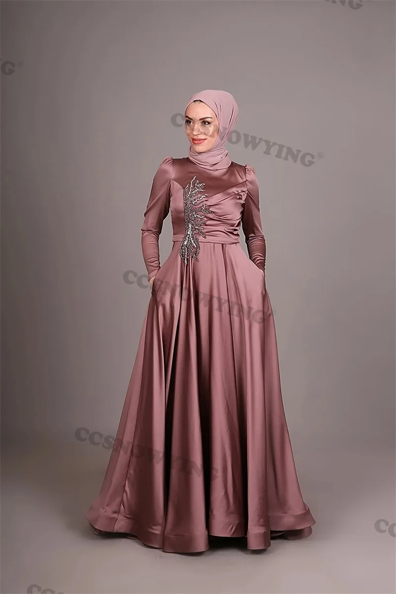 

Muslim Evening Dress Appliques Beading islamic Hijab Women Formal Gown A line Long Sleeve Rode De Soire Arabic Dubai Kaftan