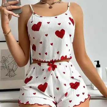 Ensemble de pyjama pour femmes 2 pièces, sexy, mignon, kawaii, avec bretelles, haut court, ensemble de vêtements de détente, short, style Y2K Lolita, vêtements de nuit en soie à motifs de cœurs.