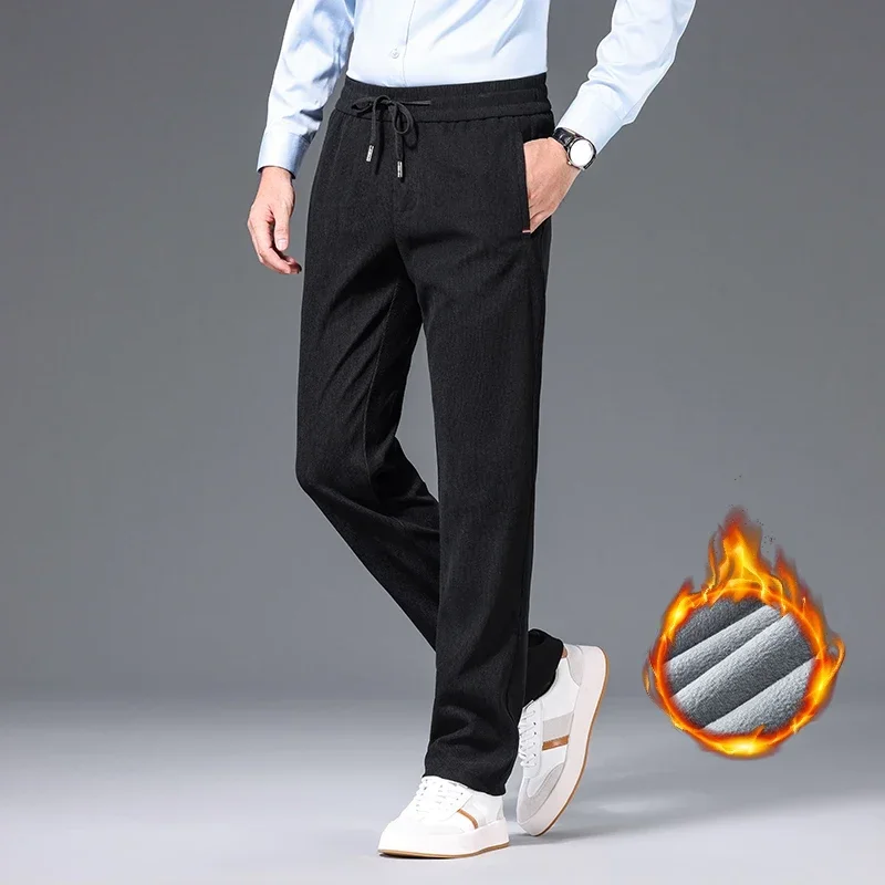 Thick Corduroy Pants Men Winter New Warm Fleece Elastic Waist Classic Business Jogging Straight Casual Plush Trousers Male 2