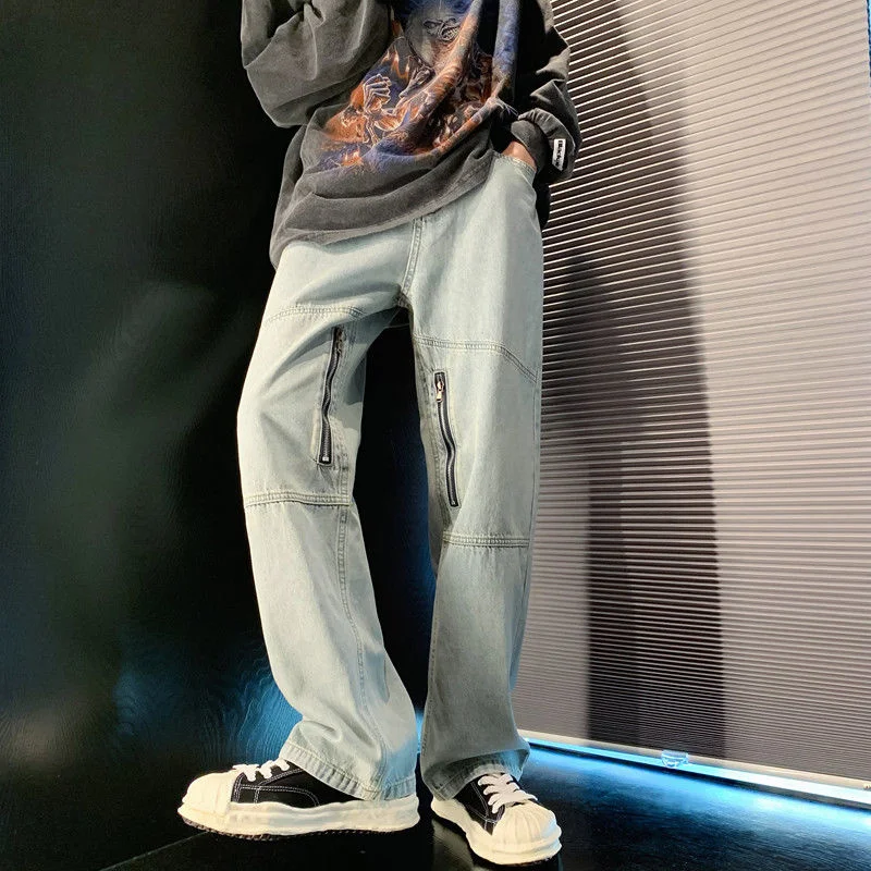 

Street Trend Stitching Washed Jeans Inner Thigh Zipper Design Loose Straight Denim Pants Hip Hop Mens Blue Trousers Four Seasons