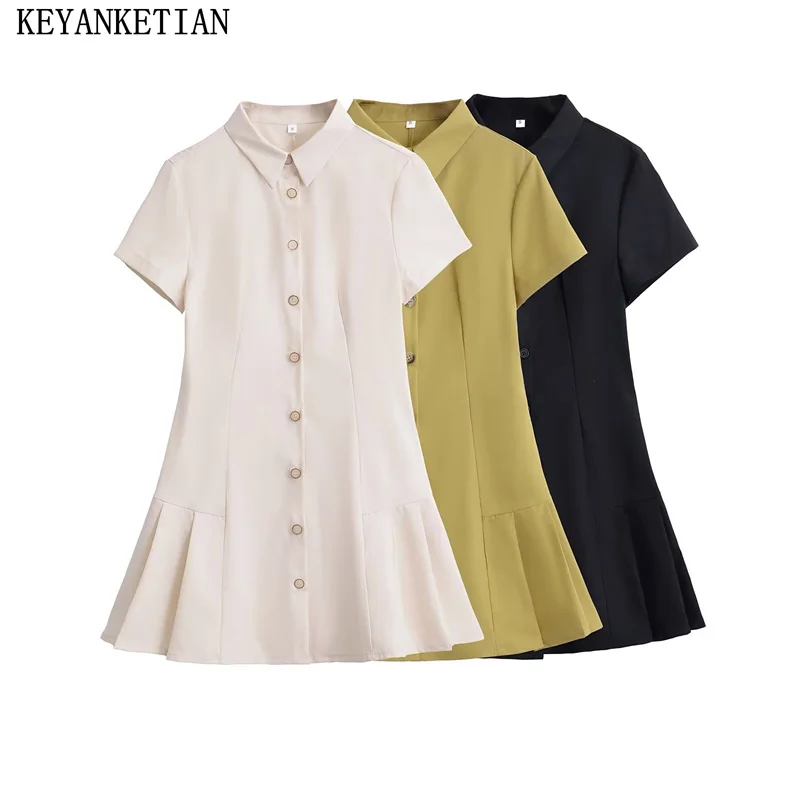 

KEYANKETIAN 2024 New Launch Women Polo neck Shirt Dress Summer Preppy Style Single Breasted Short Sleeve Slim Mini Pleated Dress