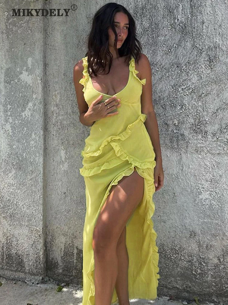 

Mikydely Yellow Split Hem Sexy Party Dresses Women V Neck Sexy Summer Dress Skinny Mesh Beach Sleeveless Dresses