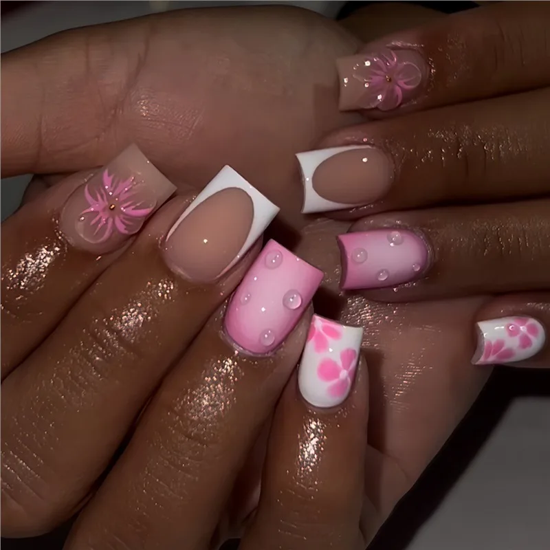 Romantic Sweet Girl Pink Flower Press On Nails, Short Square White French, Cute Reusable Fake Nails