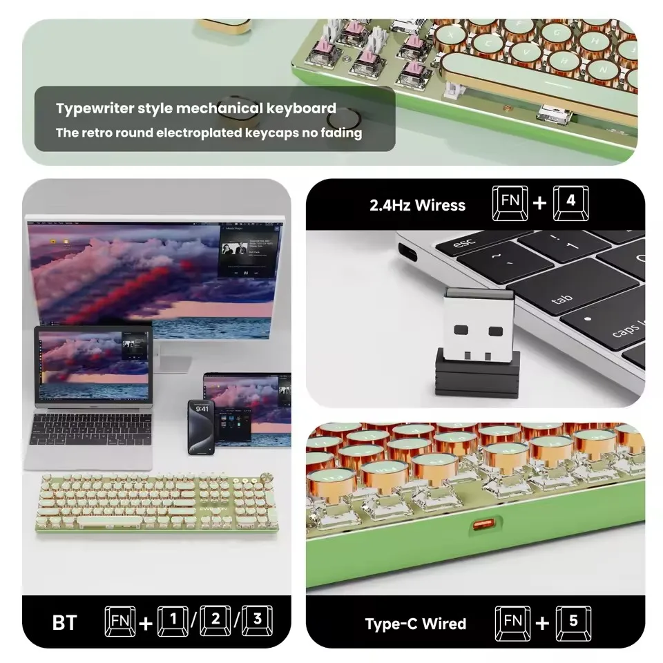 EWEADN V20 Mechanical Keyboard Retro Punk Typewriter Wireless Tri-model 104Keys Round Keycaps White Backlit Office Computer Mute