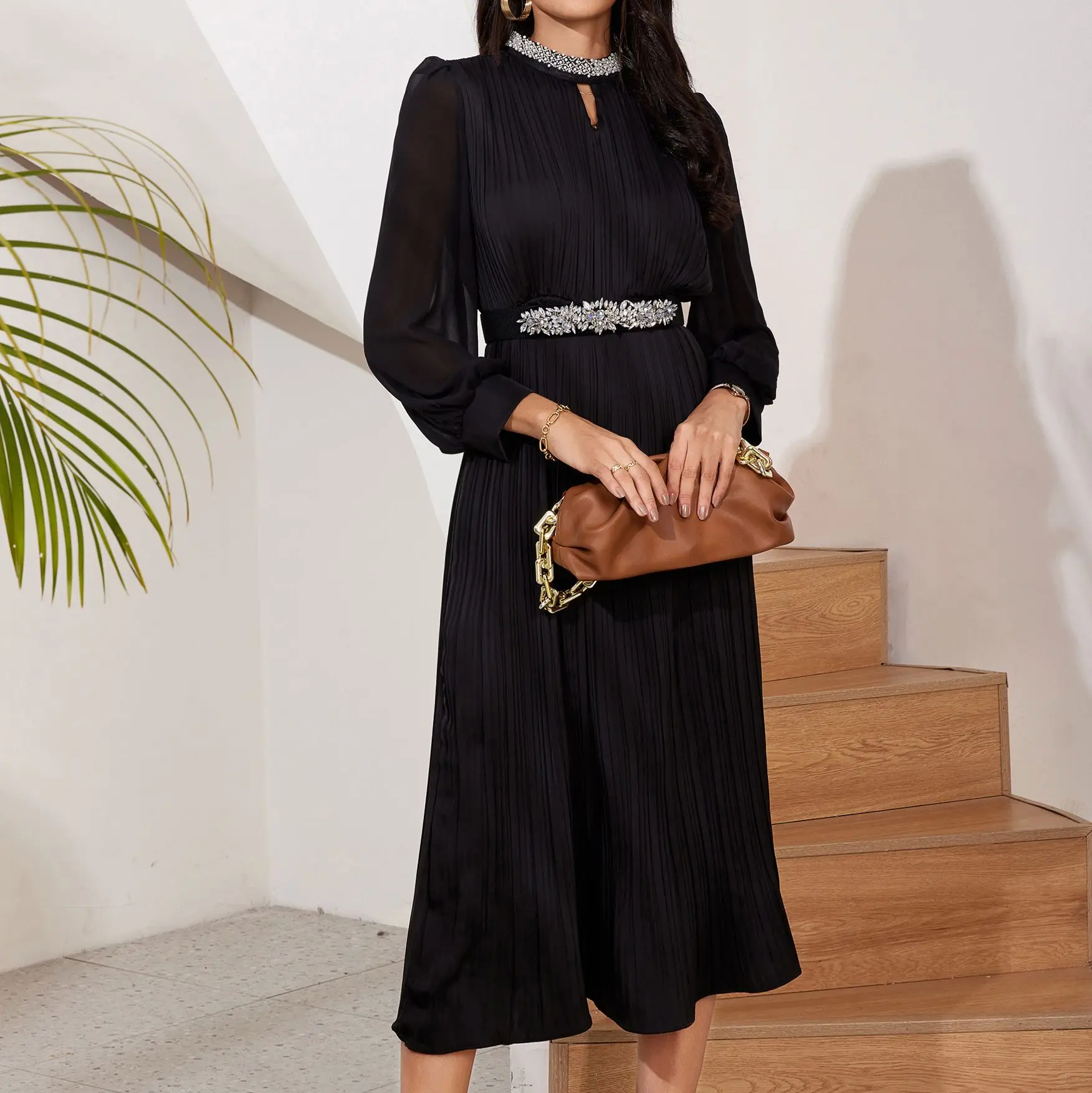 

Luxury Elegant Women Beaded Stand Collar Black Dress Autumn Chiffon Patchwork Lantern Sleeve Pleated Midi Dresses +Diamonds Belt