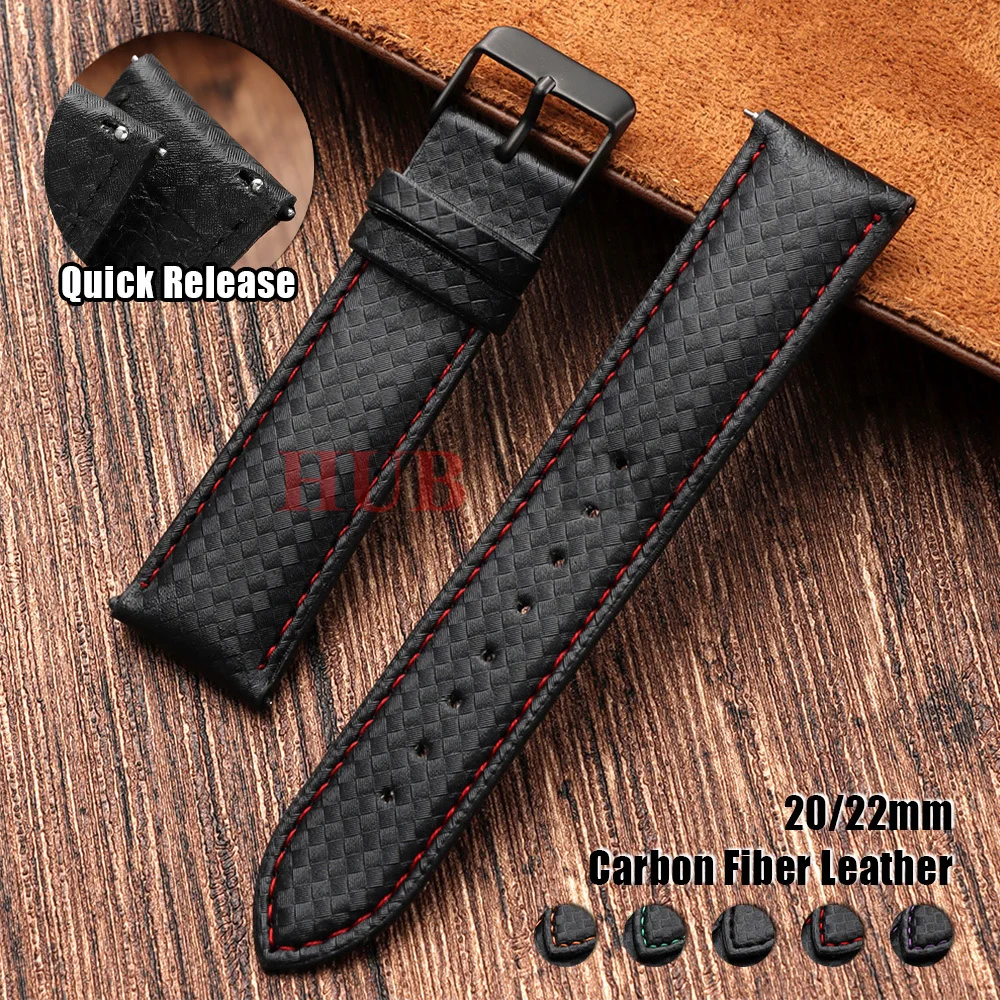 Carbon Fiber Leather Watch Band with Quick Release - Premium 20mm/22mm Strap