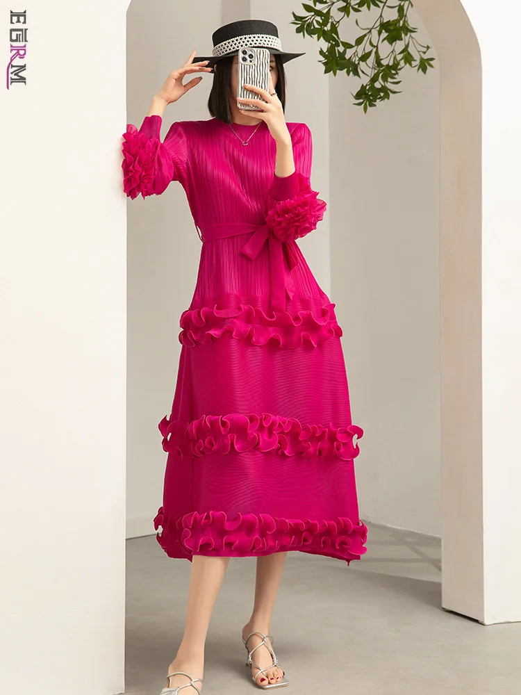 

EGRM Miyake Pleated Lace-up Fungus Dress For Women O-Neck Lantern Sleeve Solid Color Loose Female Dresses 2024 Spring New 8RM361