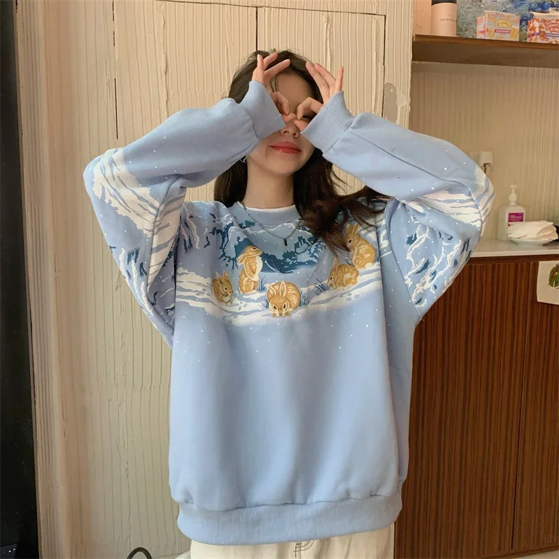 Autumn Women's Vintage Loose Cartoon Printed Sweatshirt Japanese Harajuku Ulzzang Sweatshirts Female Korean Tops Sweats Pullover