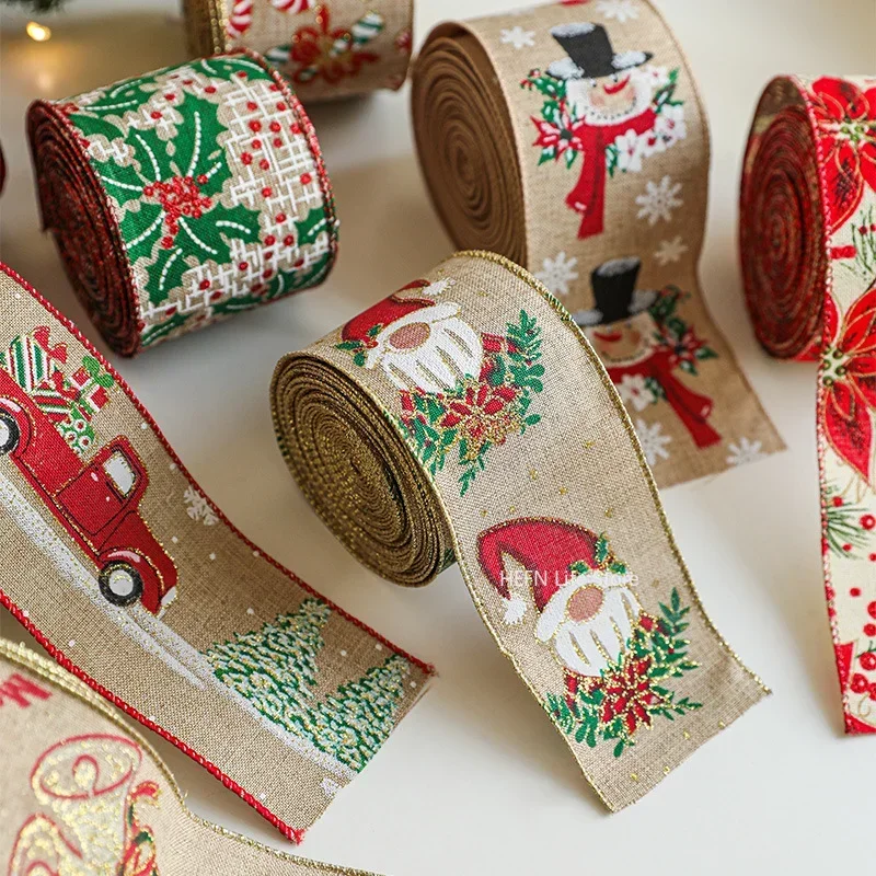 Crafts Imitation Hemp Ribbon, Iron Wire Edge, Linen Ribbon, Christmas Decoration, Red, Green, Snowflake, Plaid Ribbons, 2M/Roll
