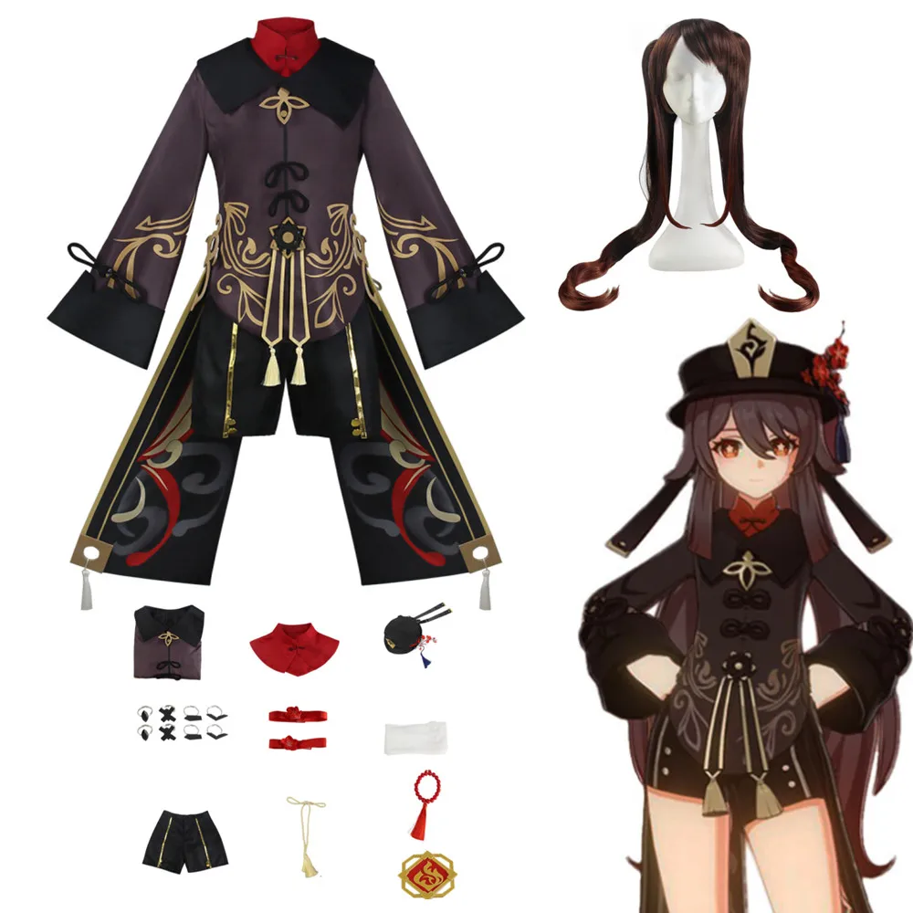 

Game Genshin Hutao Cosplay Costume Genshin Impact Hu Tao Cosplay Wig with Hat Original Rings Halloween Costumes for Women