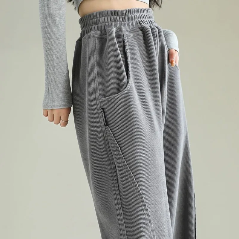 Women's Autumn Winter Solid Elastic High Waist Shirring Pockets Distressed Casual Wide Leg Loose Trousers Office Lady Pants