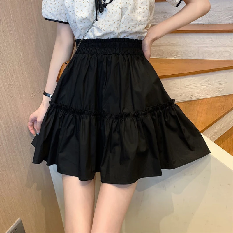 JMPRS Elegant White Women Mini Skirt Elastic High Waist A Line Fashion Ruffles Student Skirts Summer Black Casual Ladies Skirts pleated midi skirt