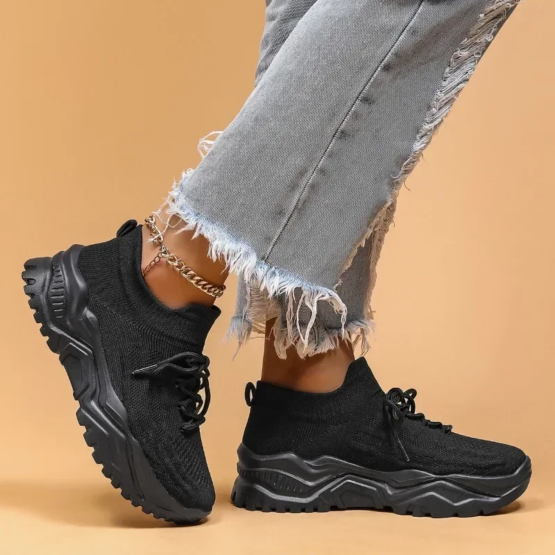Fashion Stretch Knitting Sneakers for Women 2024 Autumn Couple Lace Up Non Slip Flats Casual Sports Shoes Woman Plus Size 44 4