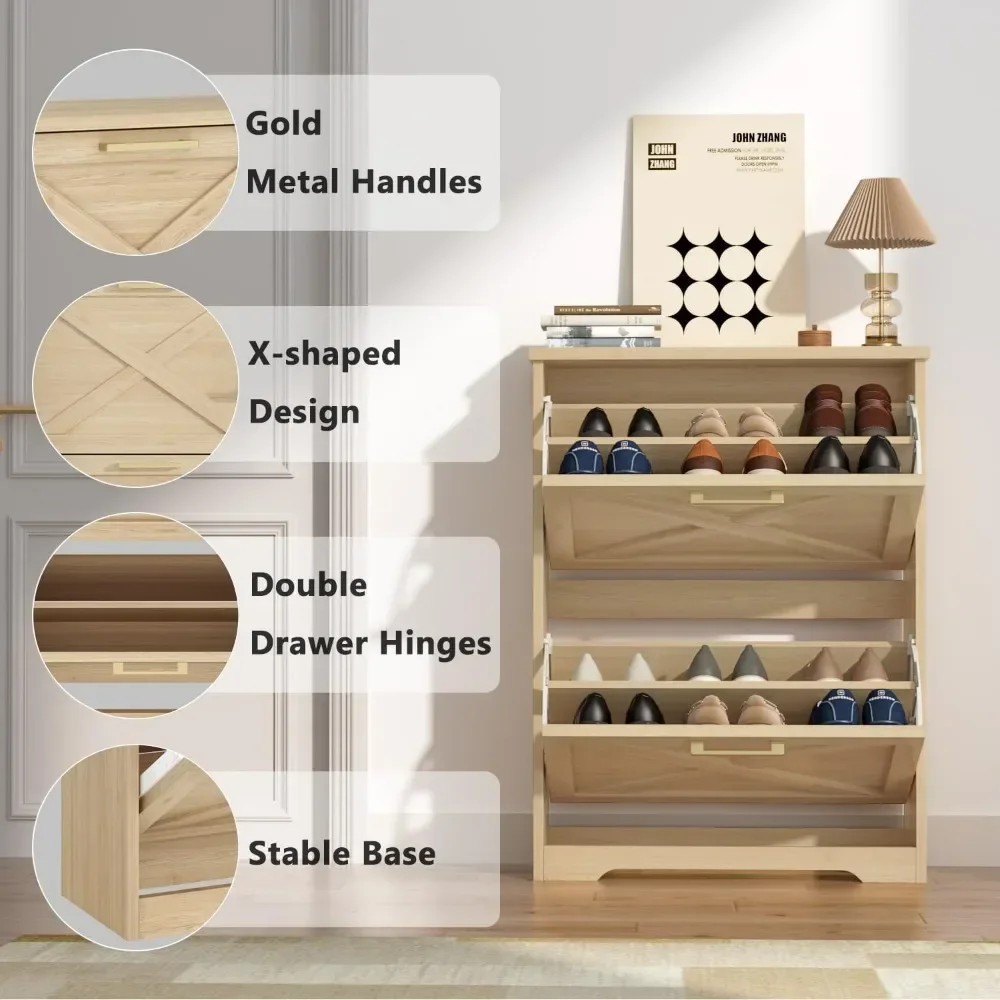 Shoe Organizer with 2 Flip Drawers, 2 Tier Freestanding, Slim Narrow Shoe Cabinet for Entryway 4