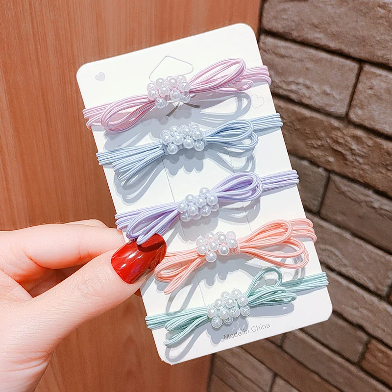 

5Pcs/set Little Fresh Horsetail Pearl Hair Ring 2022 New Network Red Sen Series Leather Cover Tied Head Leather Band Hair
