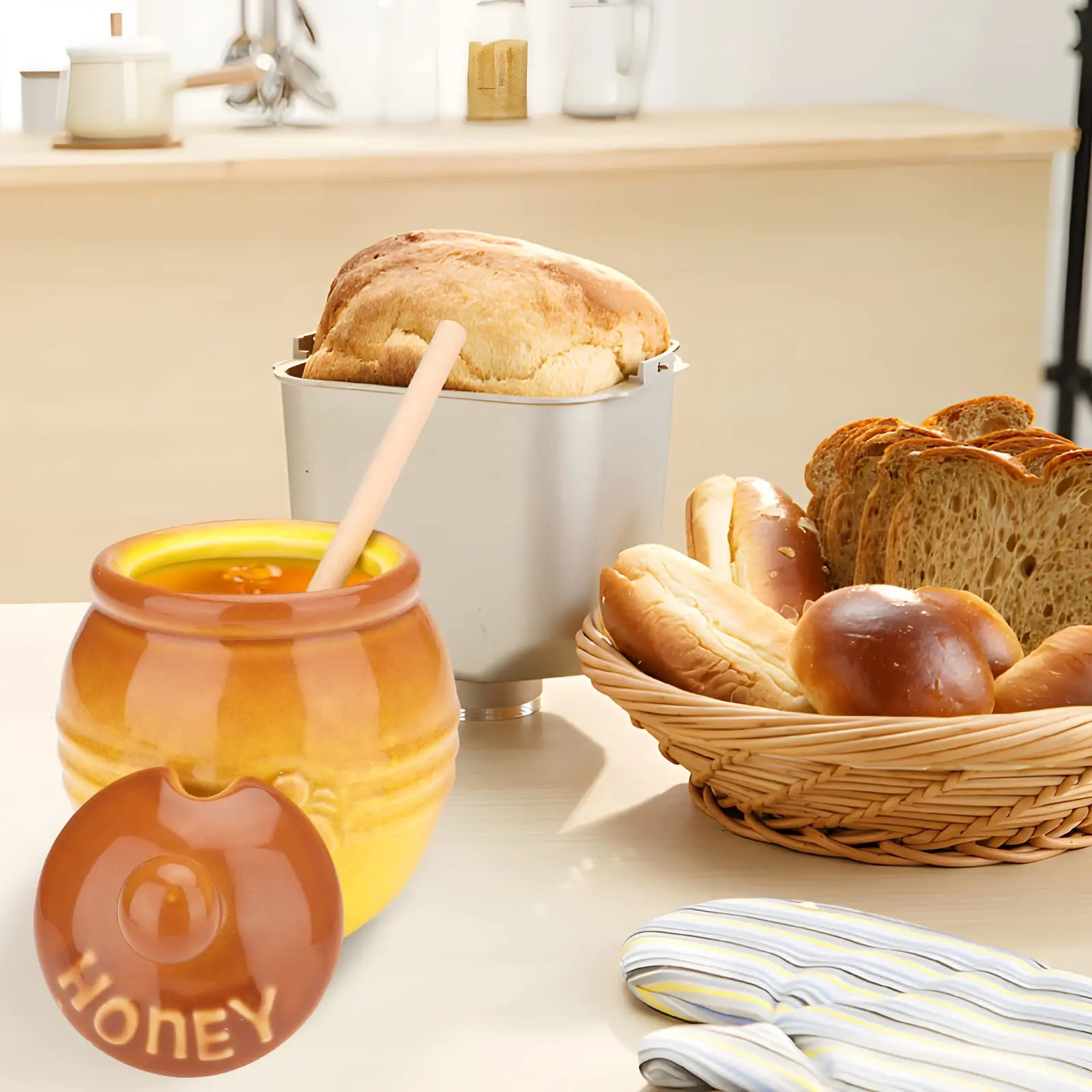 Glass Honey Jars Cute Ceramic Honey Jar With Lid and Dipper for Storage Honey Syrup Container 16 oz Pot Kitchen Accessories Dispenser