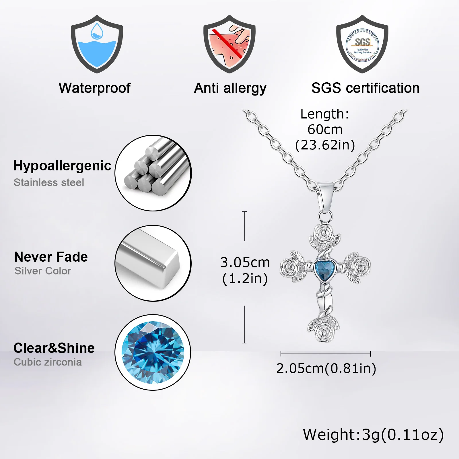 Gothic Rose Cross Necklace for Men Boys,Stainless Steel Blue Black Heart Zircon Pendant,Birthday Party Gift