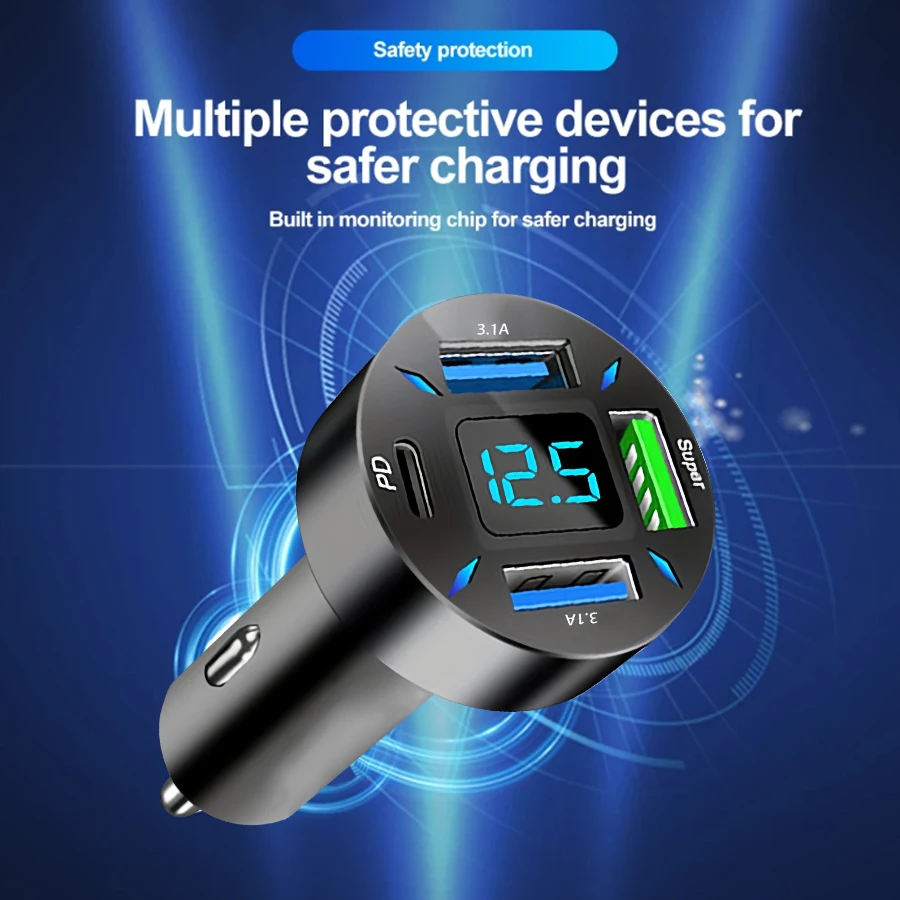 4-in-1 Multi-Port Car Charger With Digital Display Voltage Detection Multi-Function Fast USB+TYPE C Speed Charging