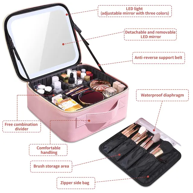 2022 New PVC Lighted Cosmetic Case with Mirror LED Portable Cosmetic Bag  Large Capacity Makeup Storage Box - AliExpress