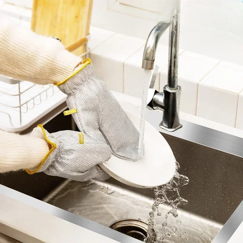 1 Pair Housework Cleaning Gloves Steel Wire Ball Dish Washing Gloves Kitchen Waterproof Brush Oil Bowl Artifact Cleaning Tools