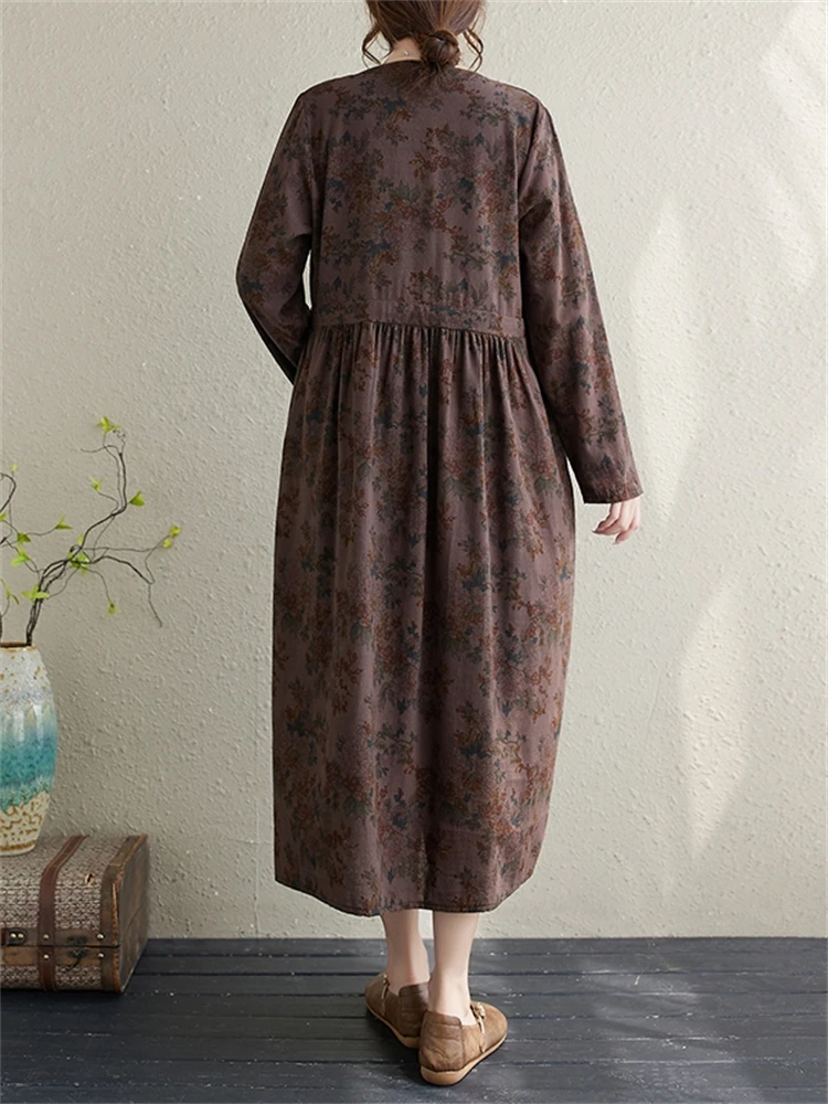 Autumn Cotton Long Sleeve Print Vintage Dresses For Women 2025 New Casual Dress Femme Robe Office Lady Work Elegant Clothing