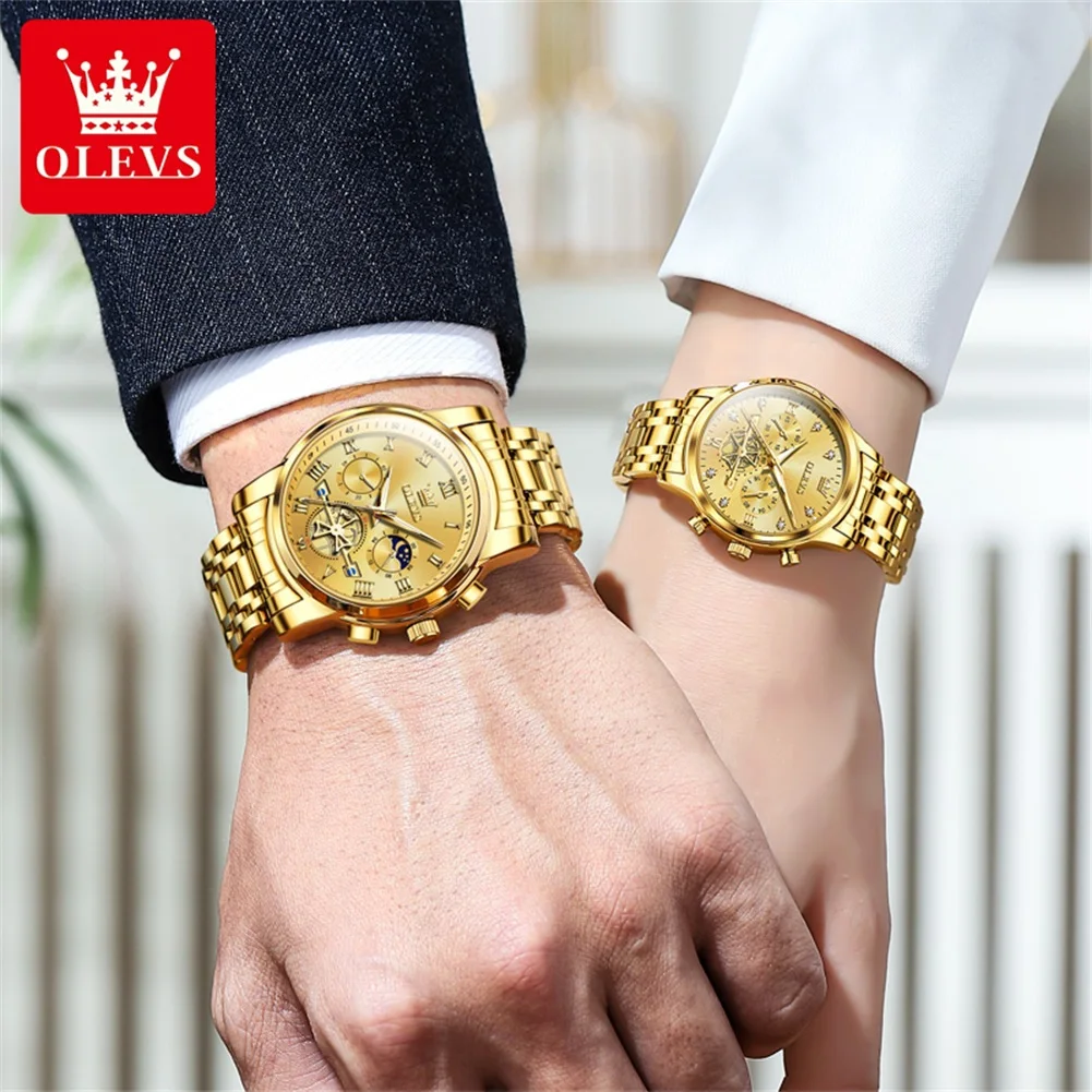 OLEVS Quartz Couple Watch Waterproof Luminous Lunar Phase Timing Code Watch Lover Date Clock His or Her Set quartz watch fashion couple watches