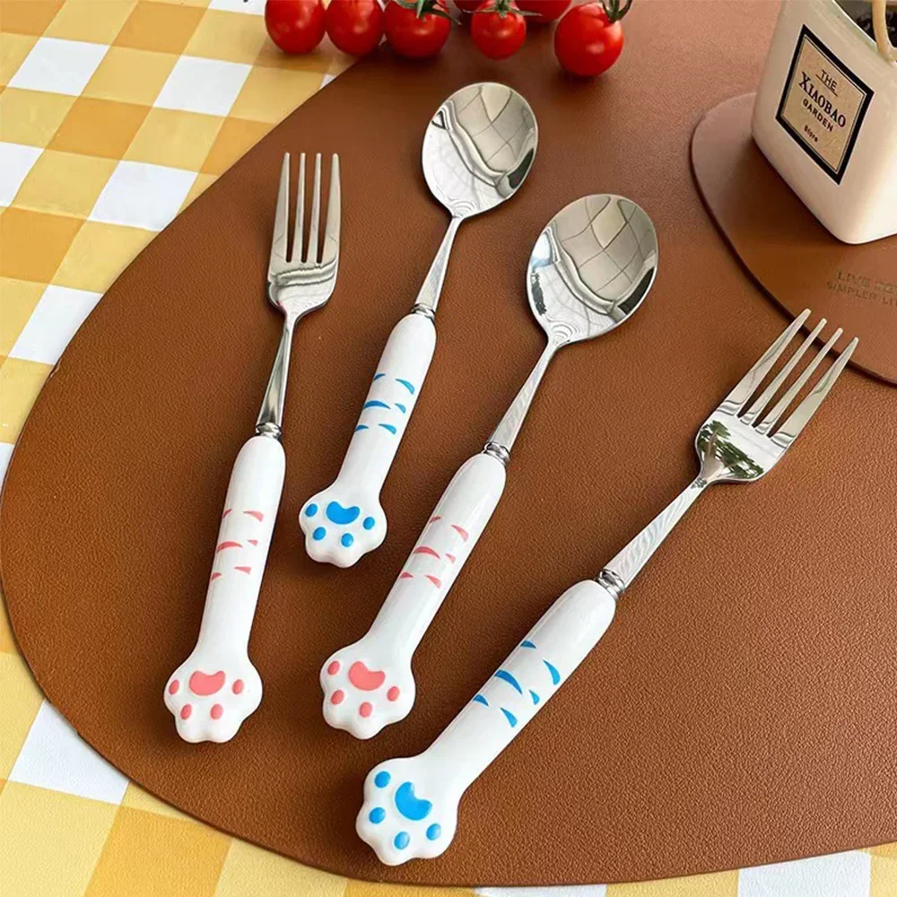 Stainless Steel Cutlery Set Fork Spoon Set Stainless Steel Spoon and Fork Set with Storage Box Portable Tableware Cute Cat Paw Shaped Dinnerware Kit for Adults Kids School
