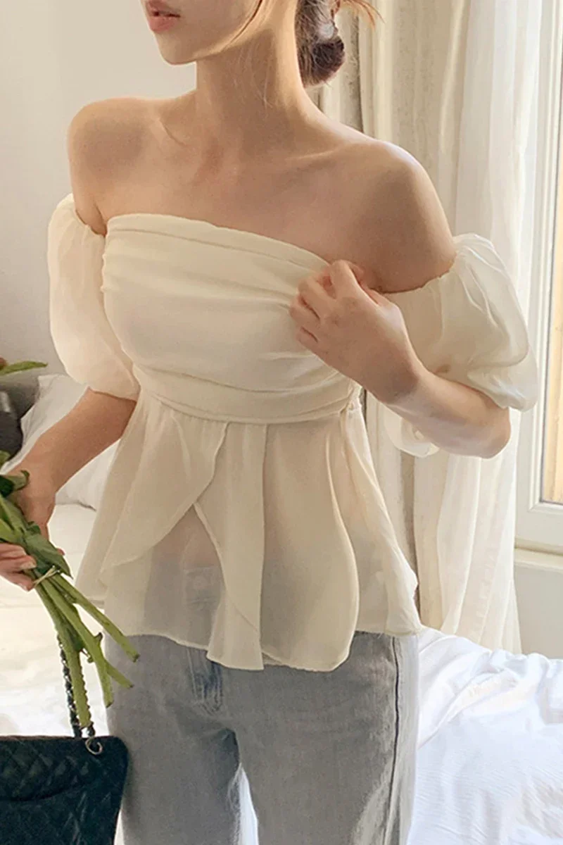 GkyocQ Korean Chic New Summer Tops Slash Neck Puff Sleeve