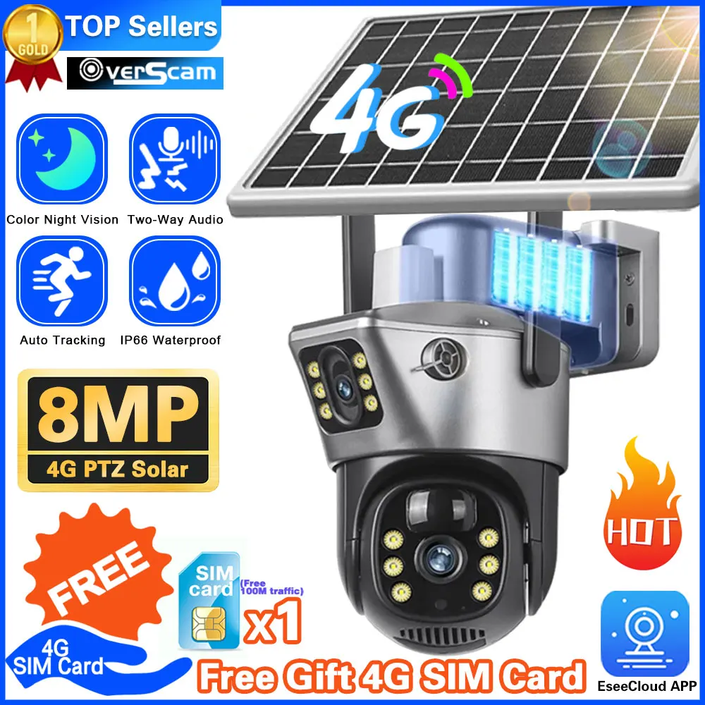 

8MP Free Gift 4G SIM Solar IP Camera Outdoor 360° Dual PIR Dual Lens Battery Security Camera with Solar Panel Color Night Vision