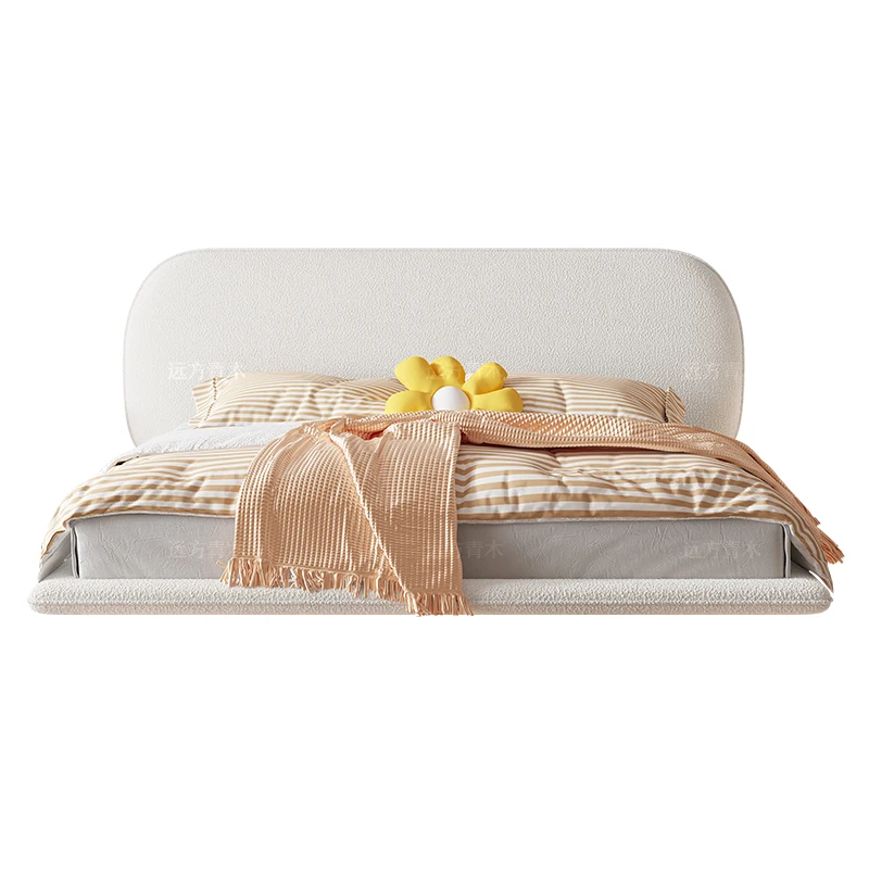 

Lamb's wool large white floating bed, cream style fabric bed, new double bed, modern and simple master bedroom bed