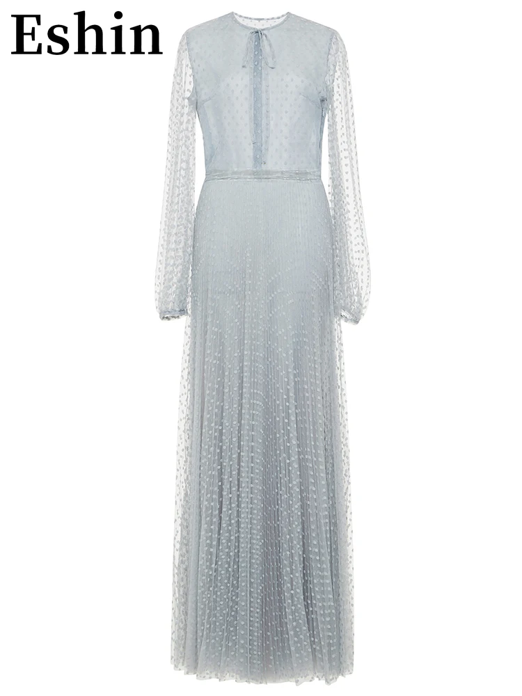 

Eshin Guaze Long Sleeve O Collar Lace Up Big Size Party Dress For Women 2023 Summer Fashion Female New Evening Dresses TH4106