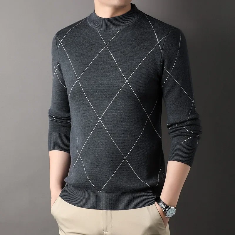 2023 Autumn and Winter New Sweaters Diamond Line Underlay Men's Knitted Pullover Fashion Simple Casual Half High Neck Sweater