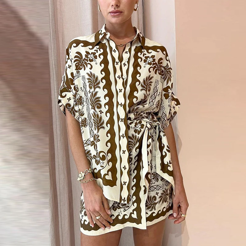 Summer Lady Home Beach Suit Women Prairie Chic Pattern Print Set Casual Loose Lapel Button Shirt Tops And Mini Hip Skirt Outfits luxury chic office paper storage clip ins wrought gold vintage hand shape alloy document handbook storage clip home sealing clip