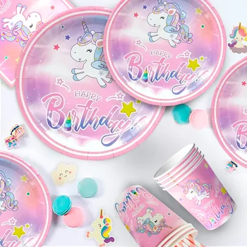 Unicorn Birthday Party Supplies,116pcs Decorations&Birthdays Tableware Set-Unicorn Party Plates Napkins Table Cloth etc 2