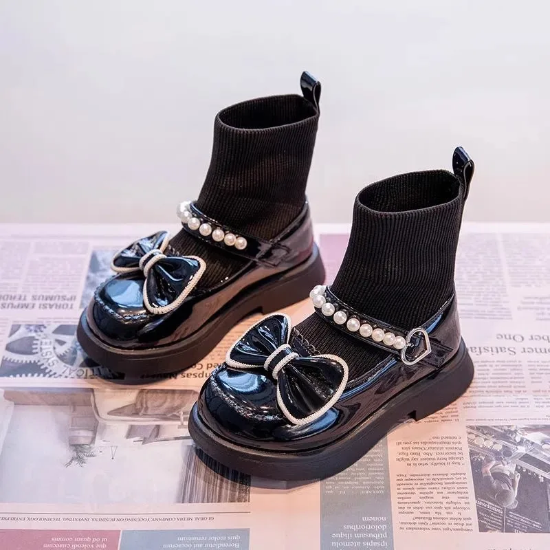 Hig Top Sock Opening Child Princess Boots Girls Leather Shoes Child Leather Princess Shoes Beautiful Fashion Kids Casual Shoe