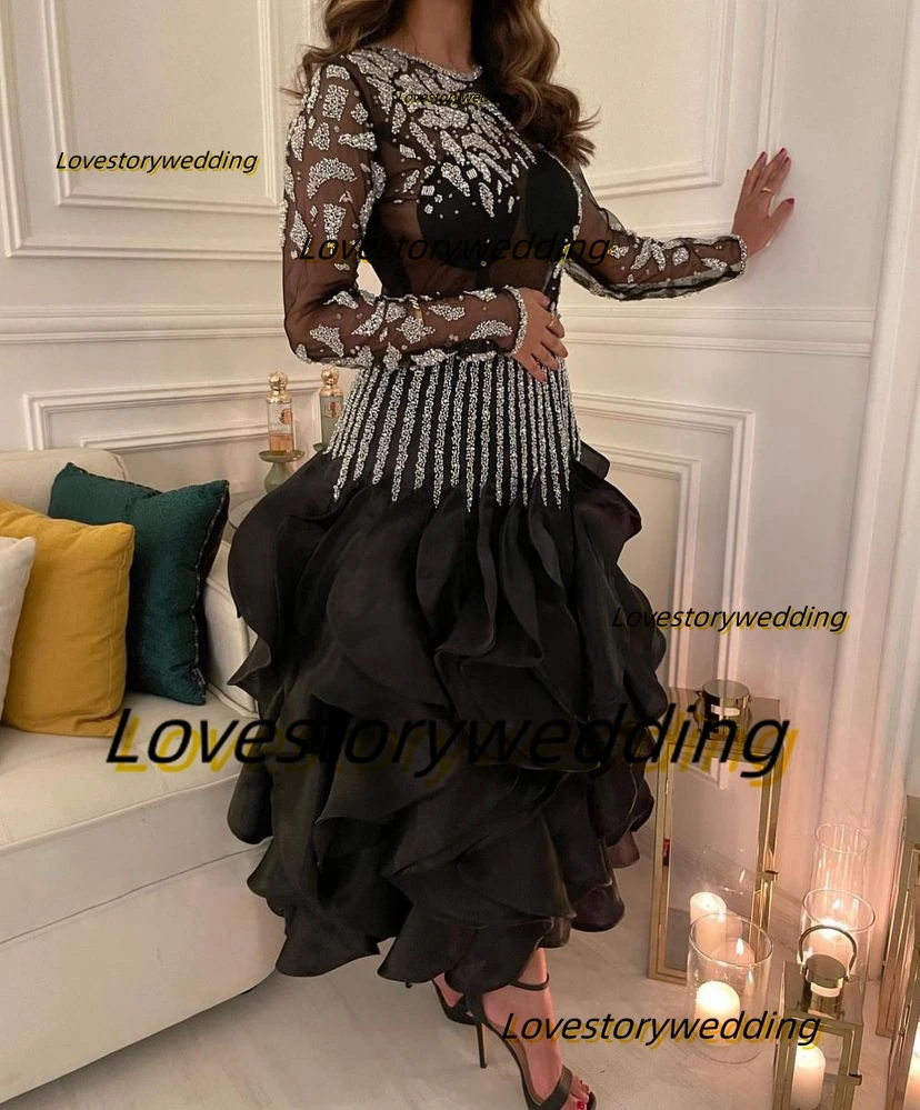 

Lovestory Black Ruffles Ankle Length Prom Dress Crew Neck Silver Stripes Cocktail Party Women Wear Long Sleeves Night Club Gowns