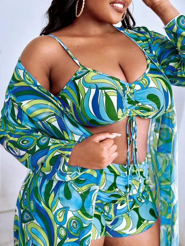 3 Pieces Large Size Bikini 2026 Printed Swimsuit Women & Kimono Drawstring Front Swimwear Female Bathing Swimming Suit Beachwear