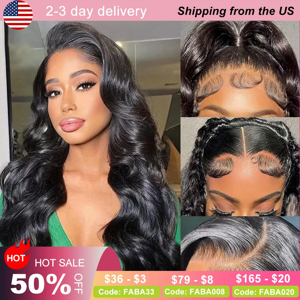 

32 Inch Black Body Wave Human Hair 13x4 Lace Front Wig Natural Color Body Wave Brazilian Human Hair 180% Density with Baby Hair