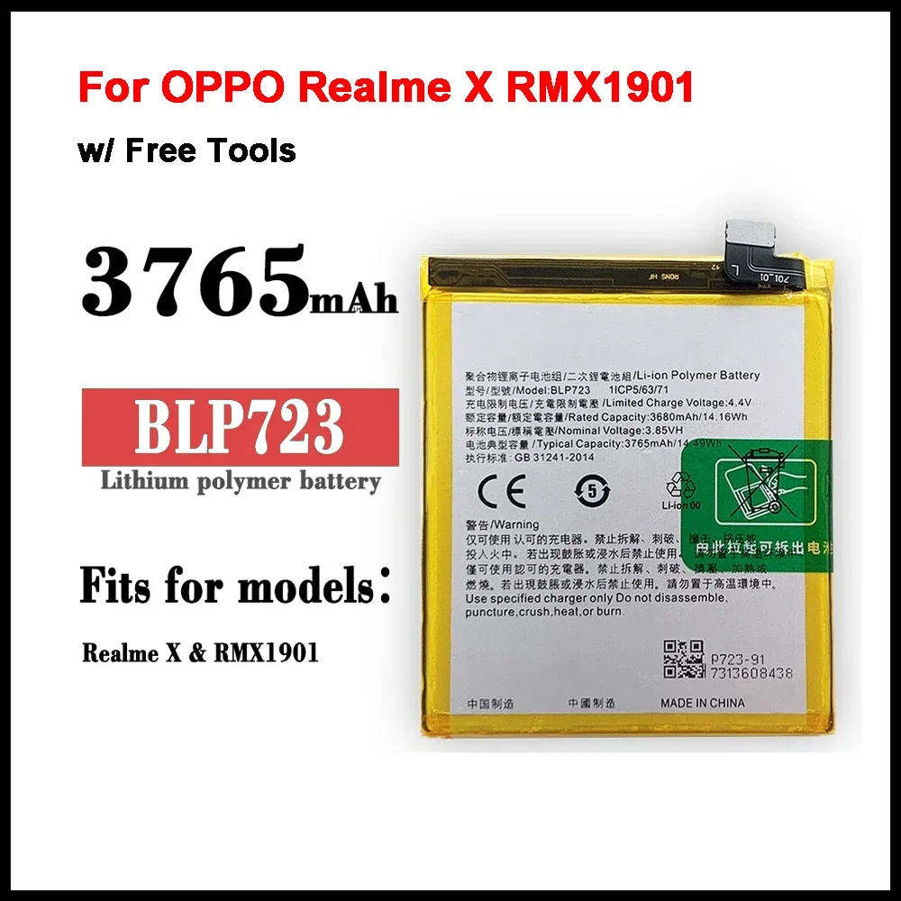 

New 3765mAh BLP723 Replacement Battery for OPPO Realme X RMX1901 Mobile Phone Battery + Tools
