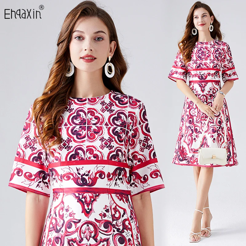 

EHQAXIN Summer Women's Dress 2023 Fashion Elegant Print Round Neck Slim High Waist A-Line Chiffon Dresses For Female S-2XL