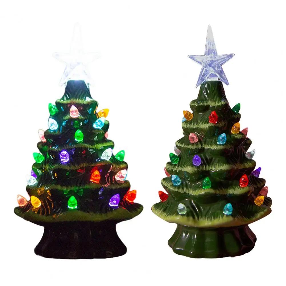 Mini Ceramic Christmas Tree Figurine Colorful LED Light-up Xmas Tree Statue Sculpture Home Office Desktop Ornament Decoration