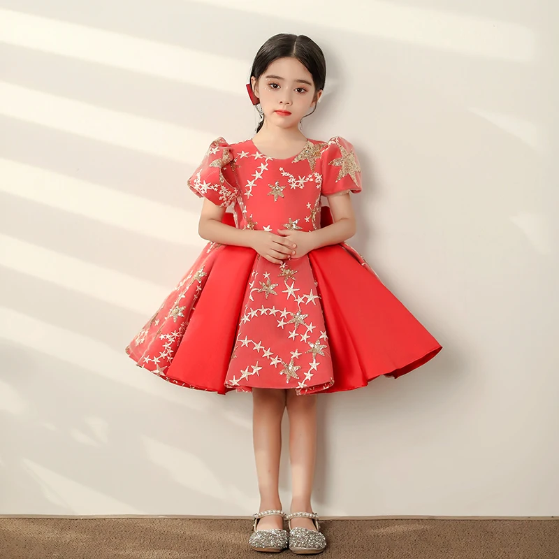 

High-end Fashion Red Short Sleeve Dresses Lovely Baby Girls Birthday Princess Shiny Clothes Wedding Party Flower Kids Costumes